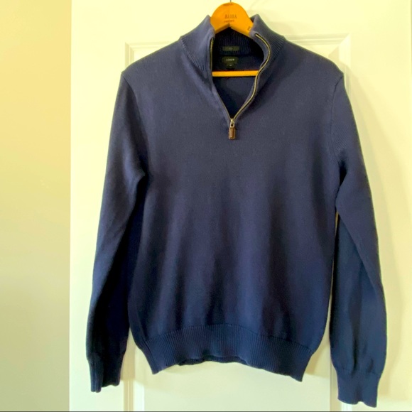 J Crew Slim Cotton & Cashmere Pullover Sweater w Leather Zipper Pull Navy Blue - Picture 1 of 11